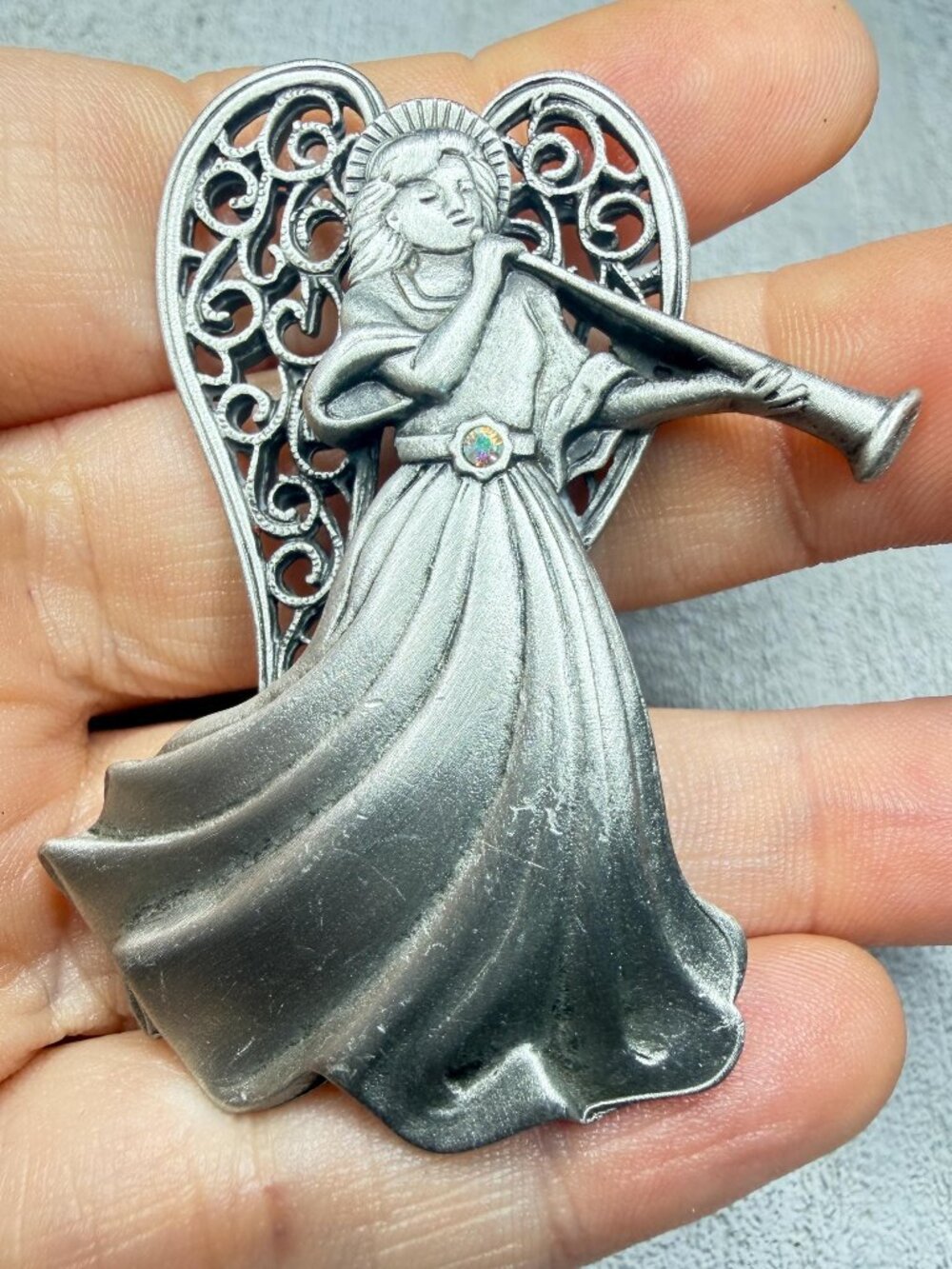 Vintage JJ Pewter Angel Trumpet Brooch Christmas Holiday Pin 3 inches